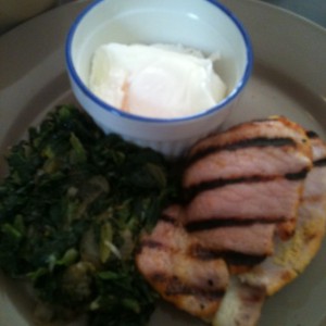 breakfast, bacon eggs and greens